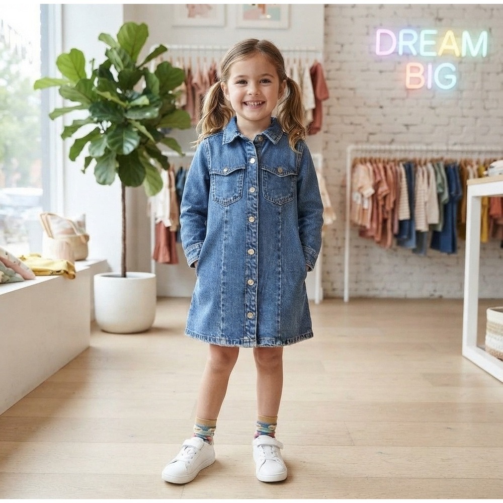 Zara Denim Shirt Dress Kids Size 6 Blue Excellent Long Sleeve Button Front